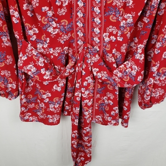 Max Edition Red Floral Long Sleeve Bohemian Waist Tie Shirt Sz XL - Picture 5 of 10